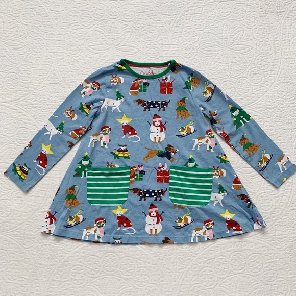 Mini Boden Christmas Printed Jersey Pocket Tunic, Dusty Blue Festive Pets 9-10Y - Picture 1 of 4